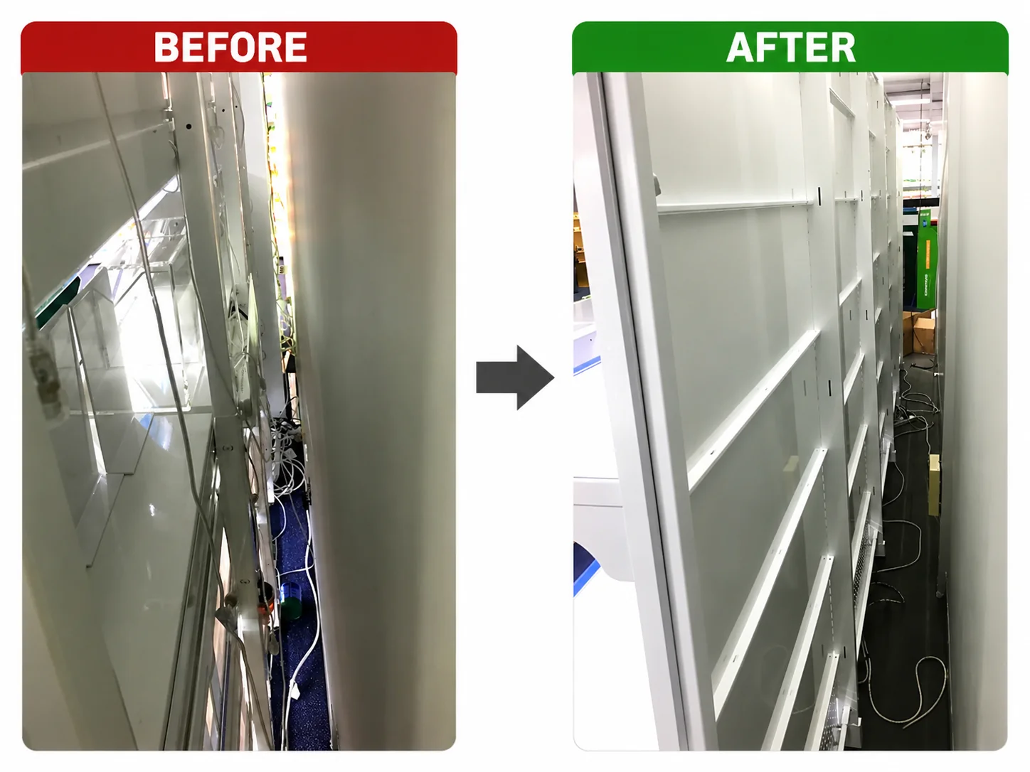 ULIGHT TB-U DC power track gondola wiring before and after — messy shelf-to-shelf cabling replaced with clean concealed power track