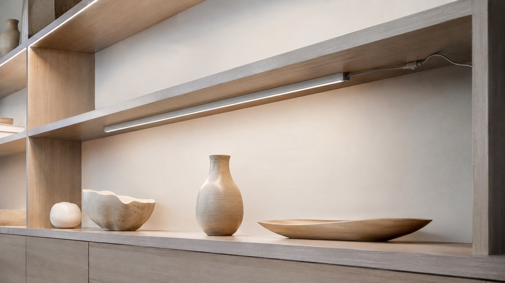 Slim linear LED bar concealed under a timber shelf in a millwork cabinet